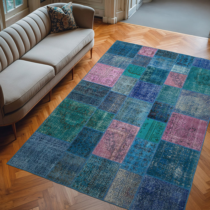 Purple Patchwork Hand-Knotted Turkish Rug - 6' 8" x 9' 10" (80" x 118") - K0063931