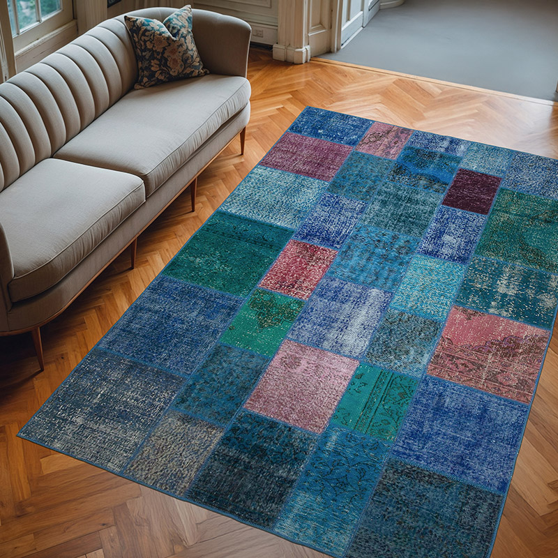 Aqua Patchwork Hand-Knotted Turkish Rug - 6' 8" x 9' 10" (80" x 118") - K0063972