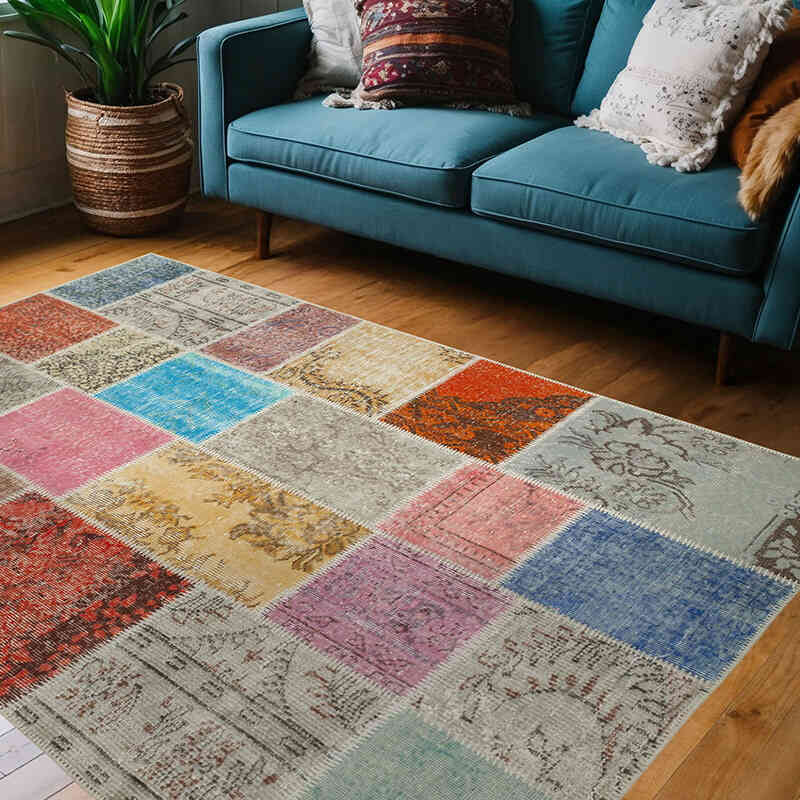 Patchwork Hand-Knotted Turkish Rug - 4' 9" x 6' 9" (57" x 81") - K0064261