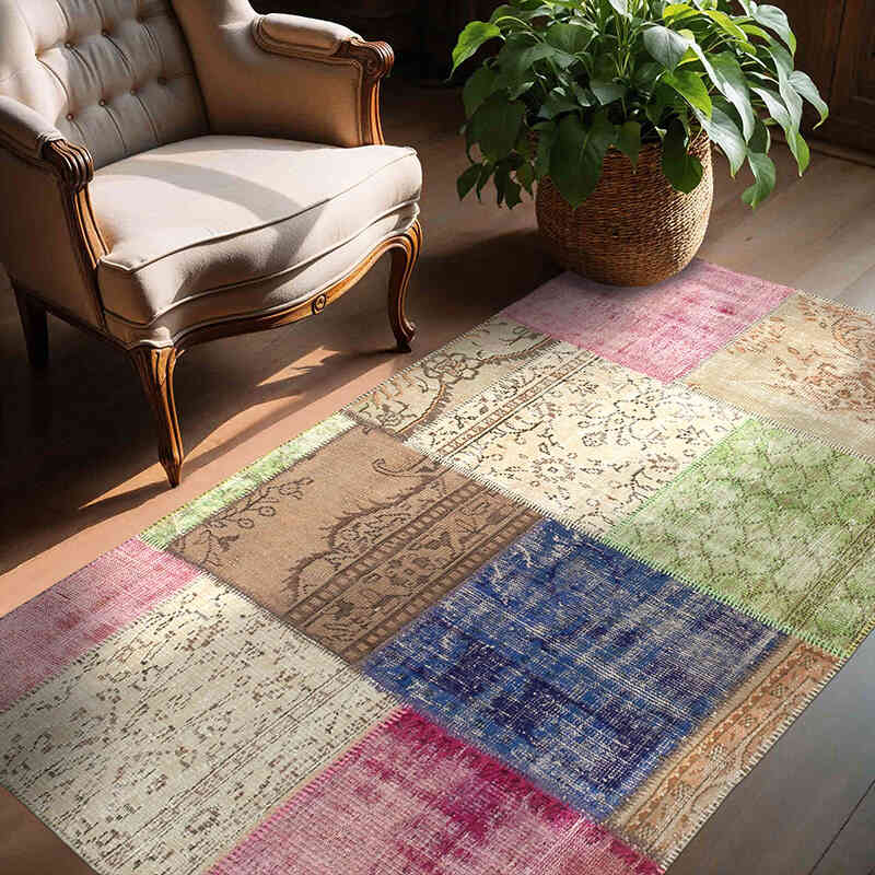 Patchwork Hand-Knotted Turkish Rug - 4' 9" x 6' 8" (57" x 80") - K0064276