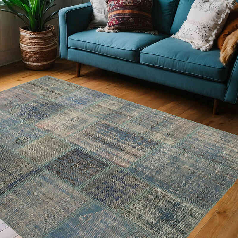 Patchwork Hand-Knotted Turkish Rug - 4' 11" x 6' 10" (59" x 82") - K0064284