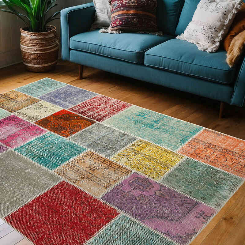 Patchwork Hand-Knotted Turkish Rug - 4' 9" x 6' 10" (57" x 82") - K0064297