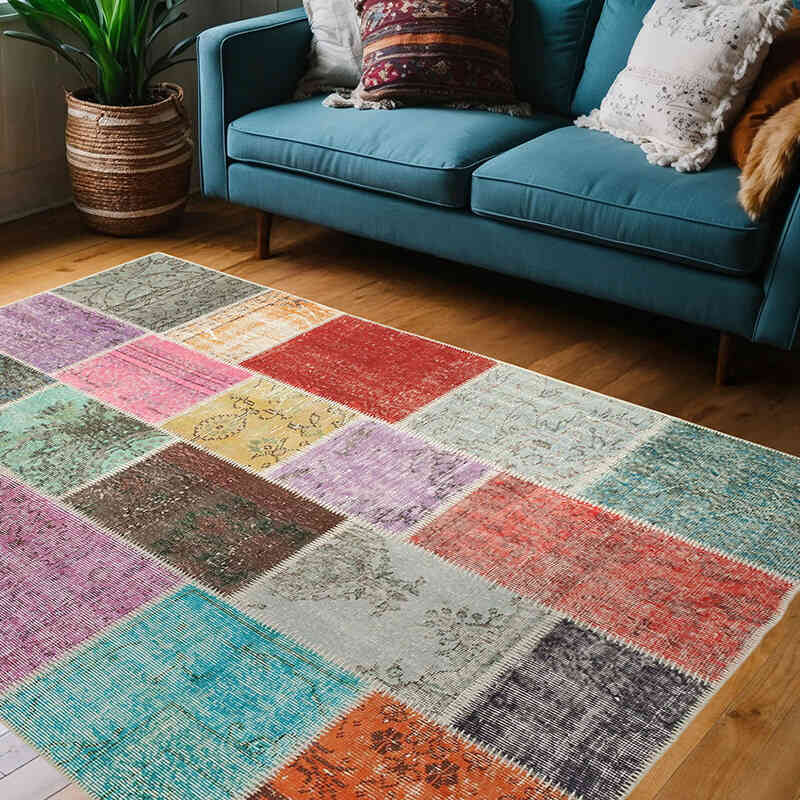 Patchwork Hand-Knotted Turkish Rug - 4' 9" x 6' 8" (57" x 80") - K0064299