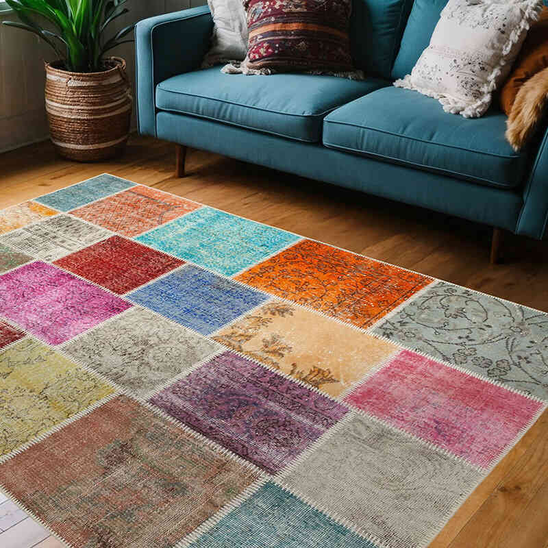 Patchwork Hand-Knotted Turkish Rug - 4' 8" x 6' 9" (56" x 81") - K0064308