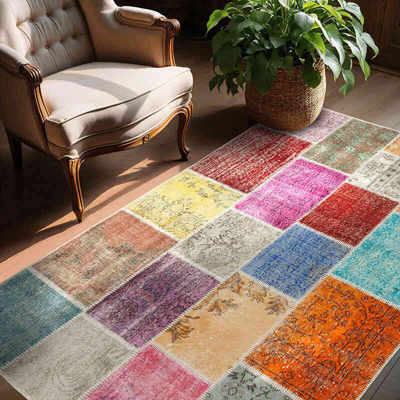 Patchwork Hand-Knotted Turkish Rug - 4' 8" x 6' 9" (56" x 81") - K0064308