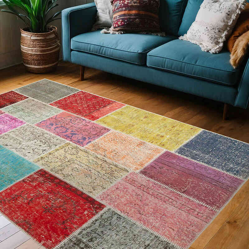 Patchwork Hand-Knotted Turkish Rug - 4' 8" x 6' 11" (56" x 83") - K0064311