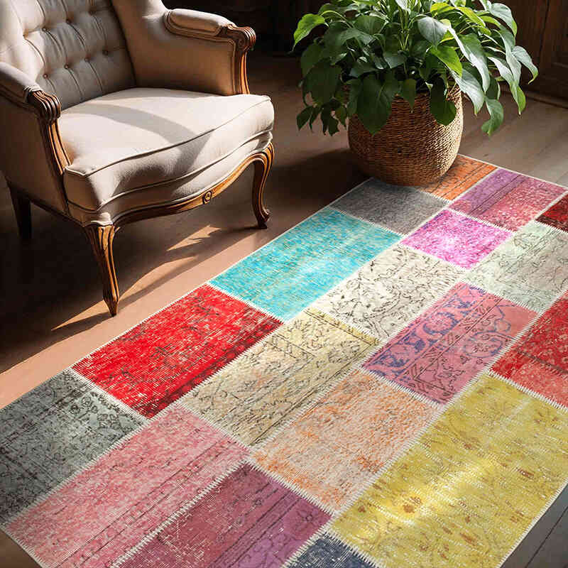 Patchwork Hand-Knotted Turkish Rug - 4' 8" x 6' 11" (56" x 83") - K0064311