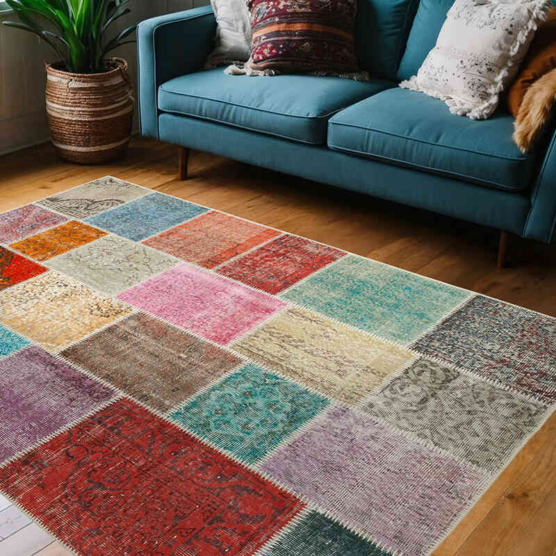 Patchwork Hand-Knotted Turkish Rug - 4' 9" x 6' 9" (57" x 81") - K0064314