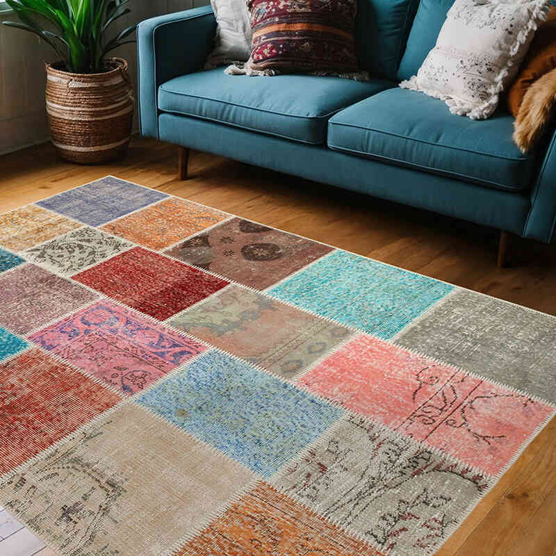 Patchwork Hand-Knotted Turkish Rug - 4' 9" x 6' 8" (57" x 80") - K0064316