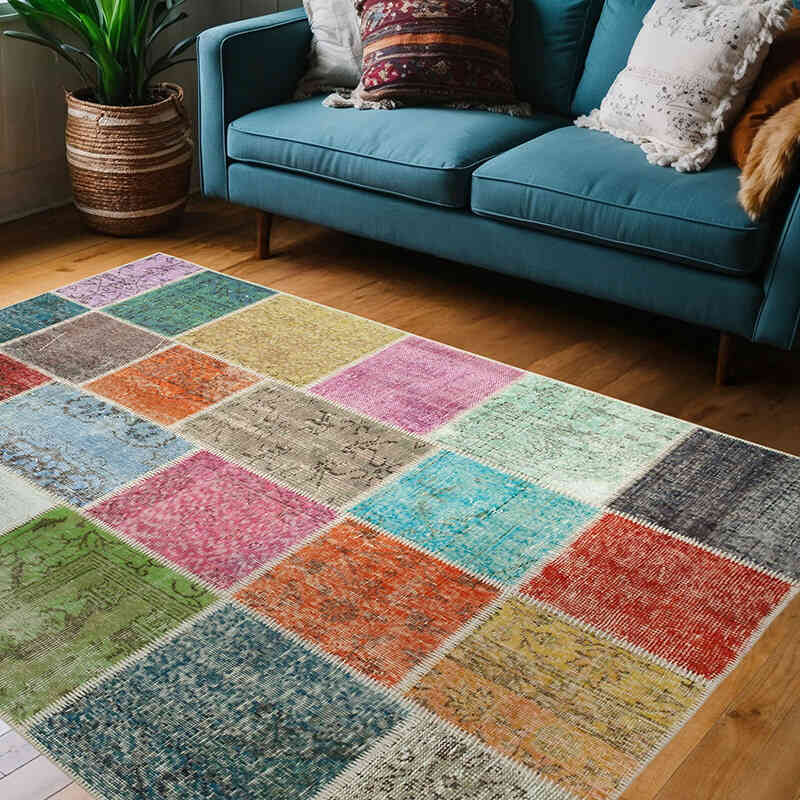 Patchwork Hand-Knotted Turkish Rug - 4' 8" x 6' 8" (56" x 80") - K0064319