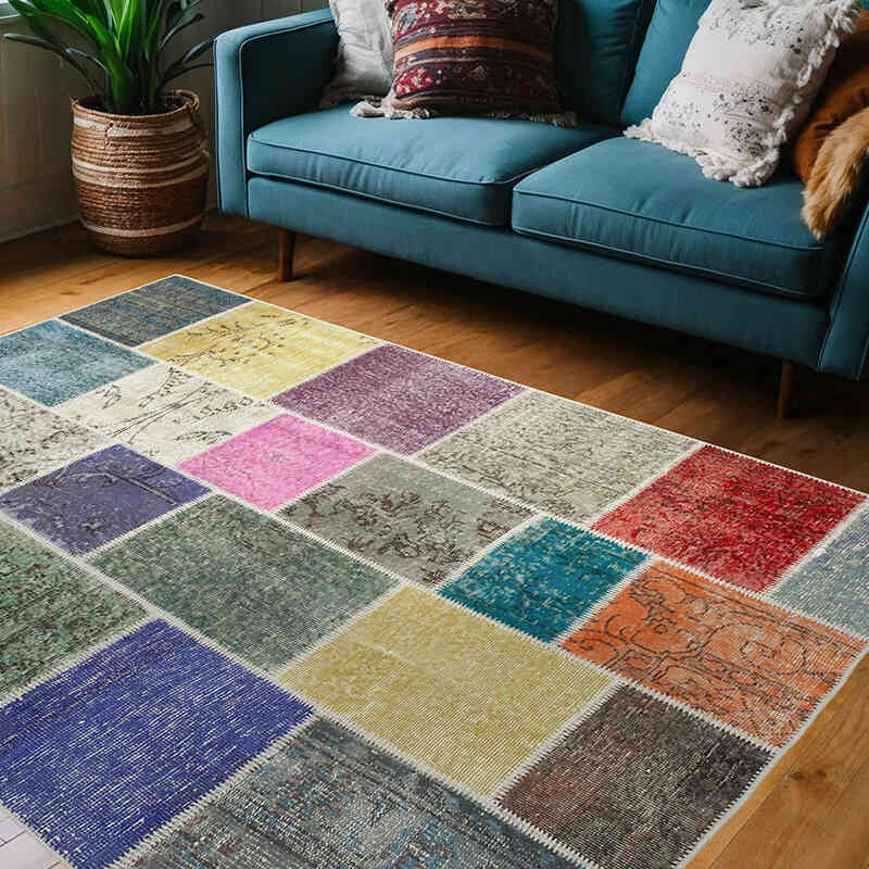 Patchwork Hand-Knotted Turkish Rug - 4' 9" x 6' 8" (57" x 80") - K0064326