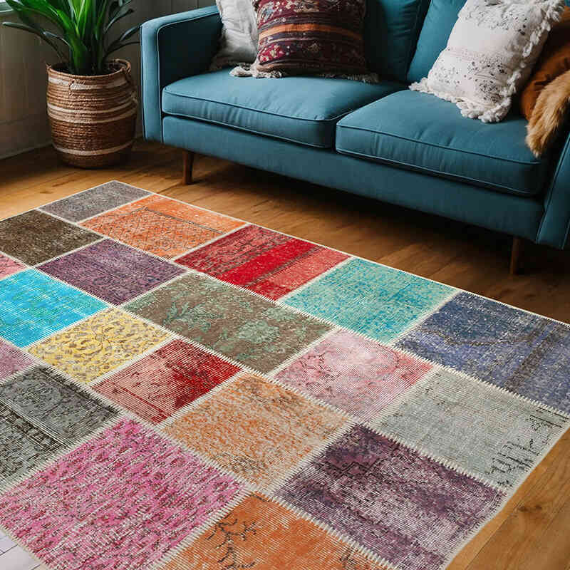 Patchwork Hand-Knotted Turkish Rug - 4' 10" x 6' 9" (58" x 81") - K0064337