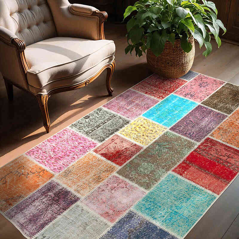 Patchwork Hand-Knotted Turkish Rug - 4' 10" x 6' 9" (58" x 81") - K0064337