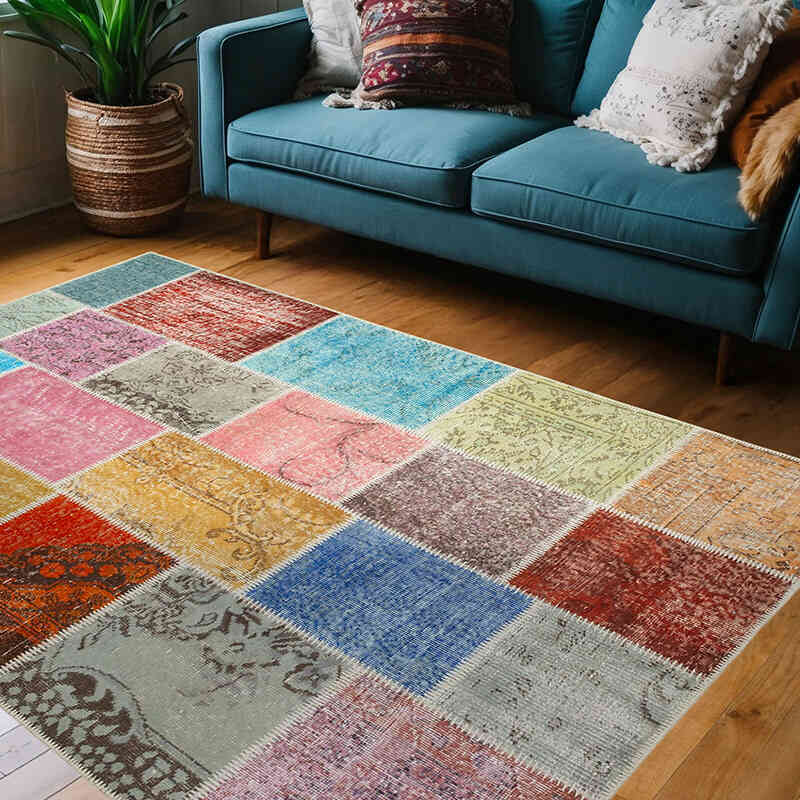 Patchwork Hand-Knotted Turkish Rug - 4' 8" x 6' 9" (56" x 81") - K0064341