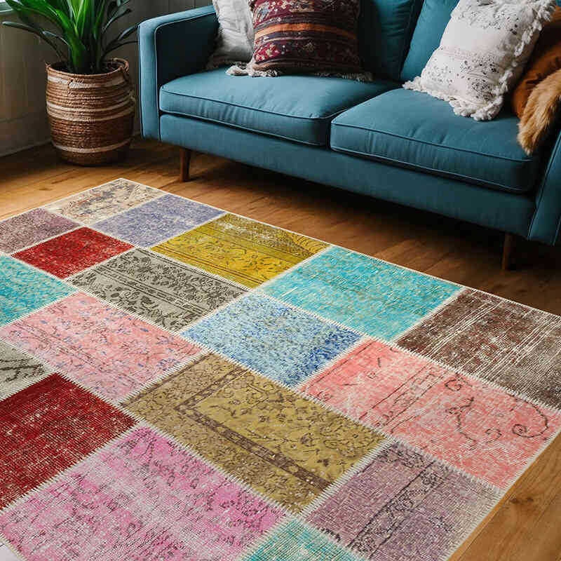 Patchwork Hand-Knotted Turkish Rug - 4' 9" x 6' 7" (57" x 79") - K0064343