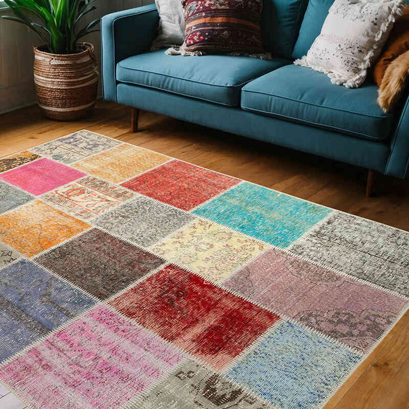 Patchwork Hand-Knotted Turkish Rug - 4' 9" x 6' 8" (57" x 80") - K0064347
