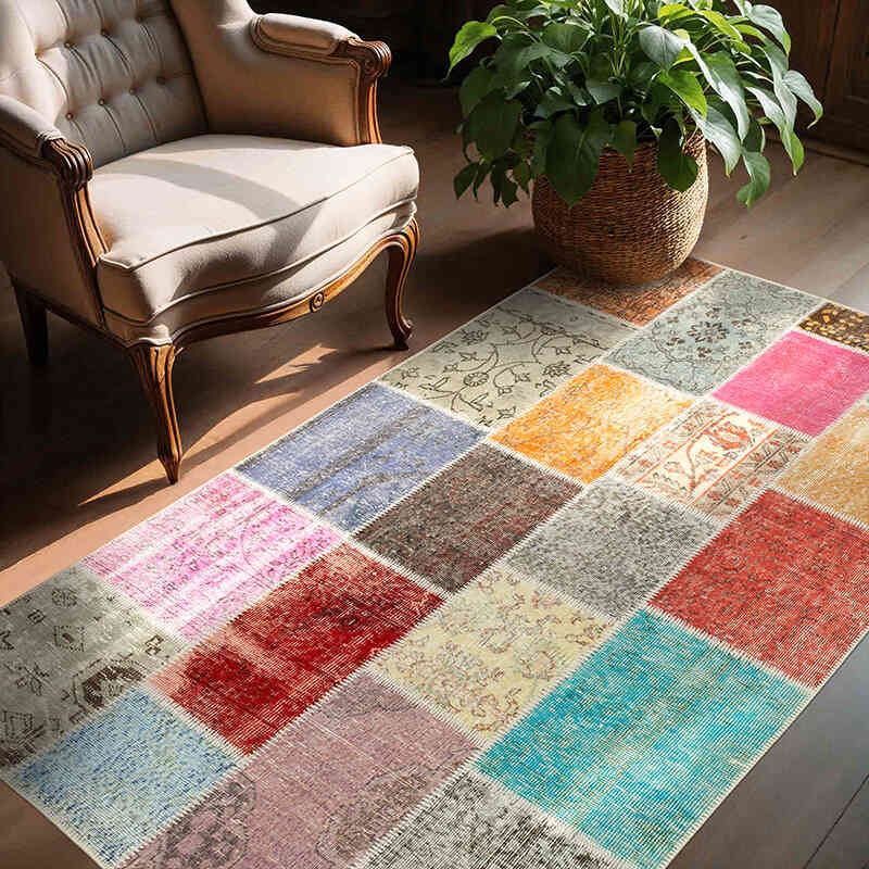 Patchwork Hand-Knotted Turkish Rug - 4' 9" x 6' 8" (57" x 80") - K0064347