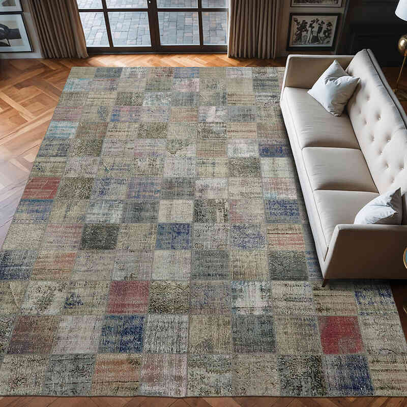 Patchwork Hand-Knotted Turkish Rug - 9' 9" x 13' 5" (117" x 161") - K0064727