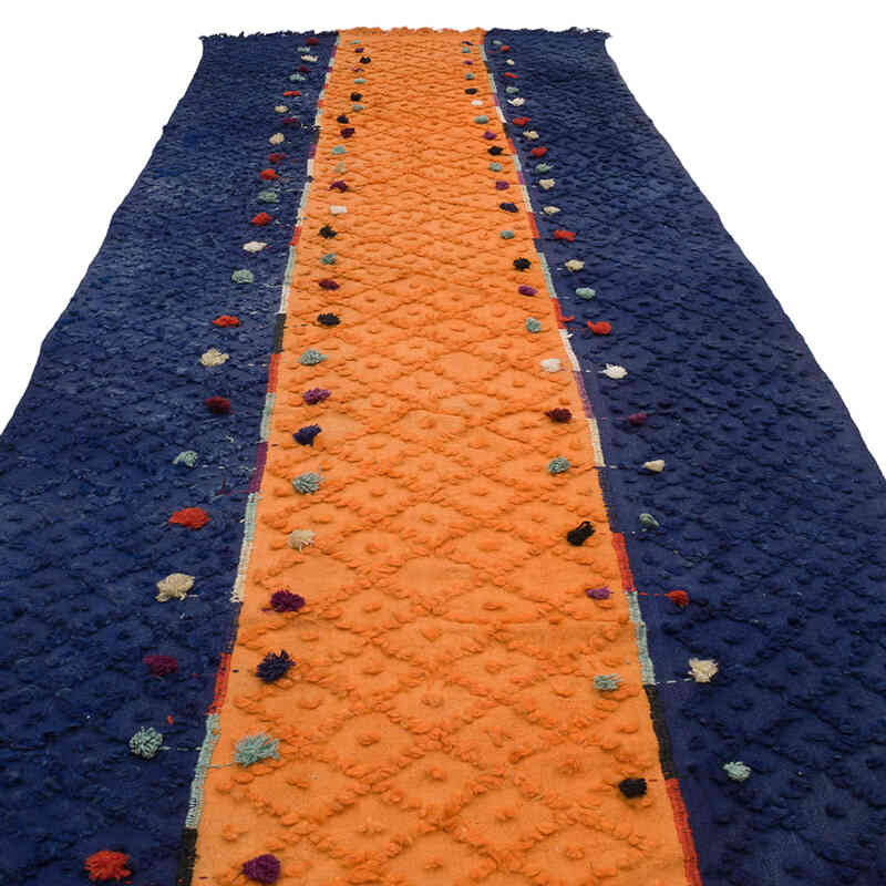 Lacivert, Turuncu Vintage Malatya 'Perde' Kilim - 140 cm x 467 cm - K0068804