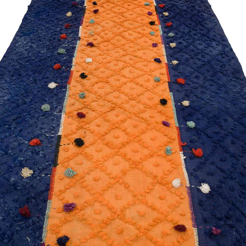 Lacivert, Turuncu Vintage Malatya 'Perde' Kilim - 140 cm x 467 cm - K0068804