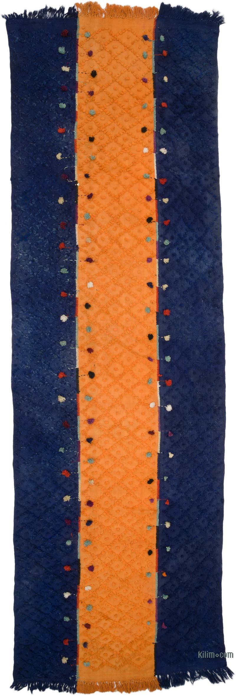 Lacivert, Turuncu Vintage Malatya 'Perde' Kilim - 140 cm x 467 cm - K0068804