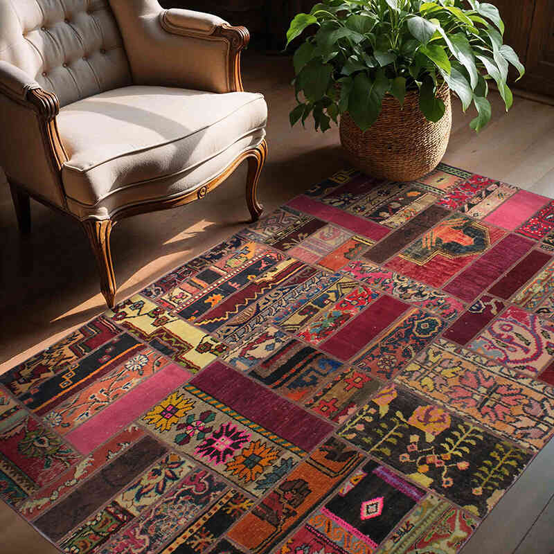 Patchwork Hand-Knotted Turkish Rug - 4' 11" x 6' 5" (59" x 77") - K0073006