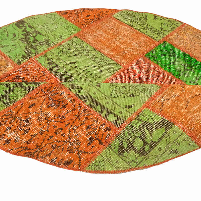 Round Patchwork Hand-Knotted Turkish Rug - 6' 7" x 6' 7" (79" x 79") - K0073009