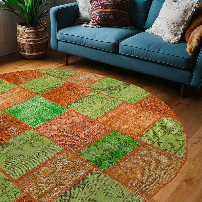 Round Patchwork Hand-Knotted Turkish Rug - 6' 7" x 6' 7" (79" x 79") - K0073009