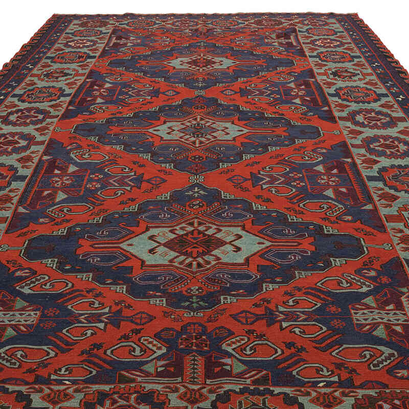 Azul Alfombra Soumak Vintage Caucásica - 228 cm x 384 cm - K0074034
