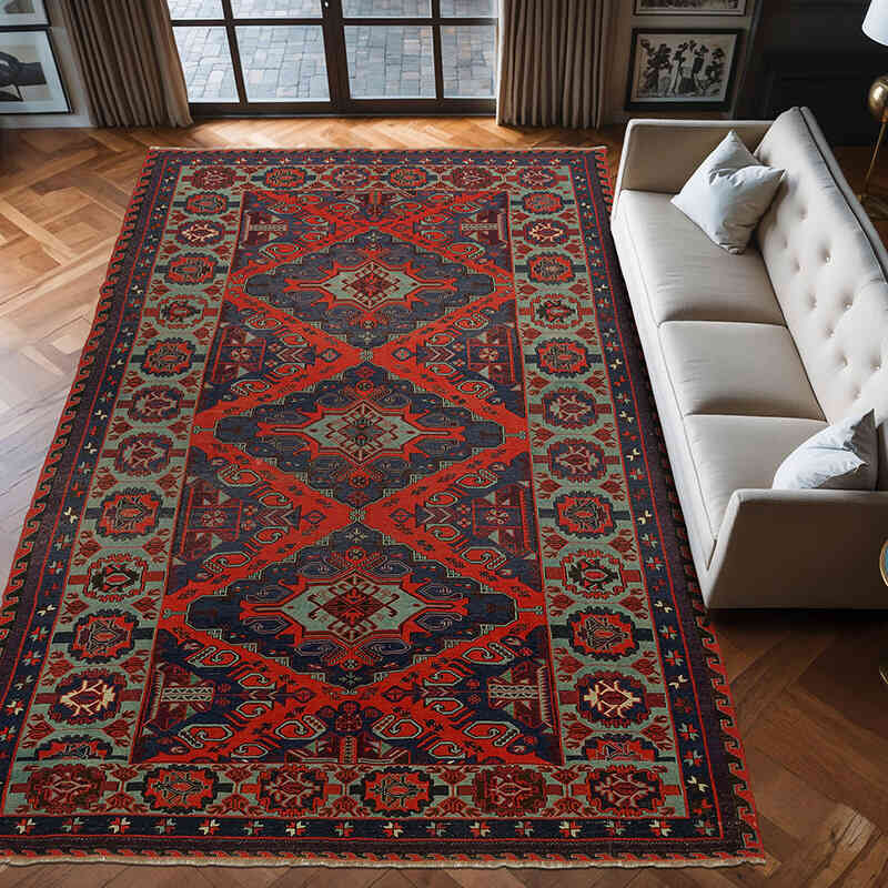 Azul Alfombra Soumak Vintage Caucásica - 228 cm x 384 cm - K0074034