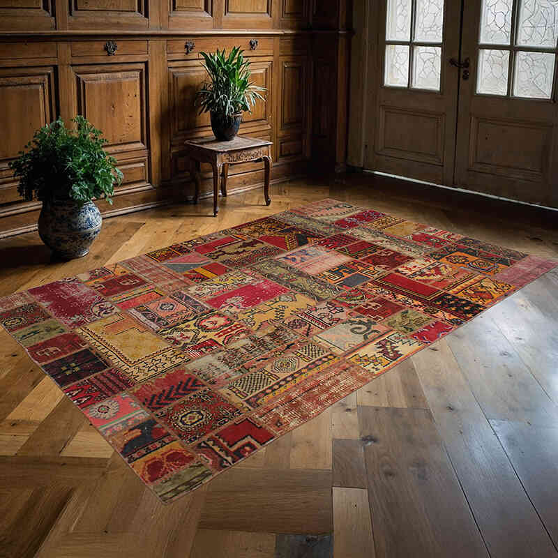 Patchwork Hand-Knotted Turkish Rug - 4' 9" x 7' 4" (57" x 88") - K0076557