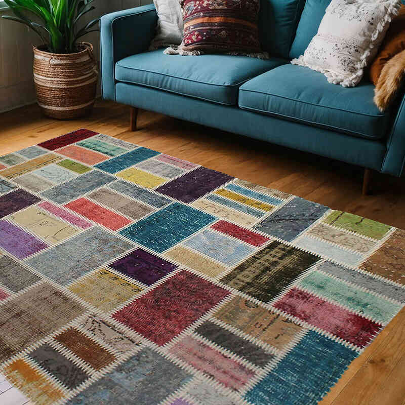 Patchwork Hand-Knotted Turkish Rug - 4' 10" x 6' 11" (58" x 83") - K0076570