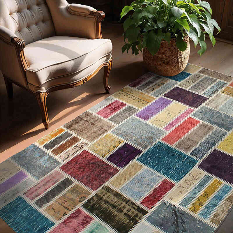 Patchwork Hand-Knotted Turkish Rug - 4' 10" x 6' 11" (58" x 83") - K0076570