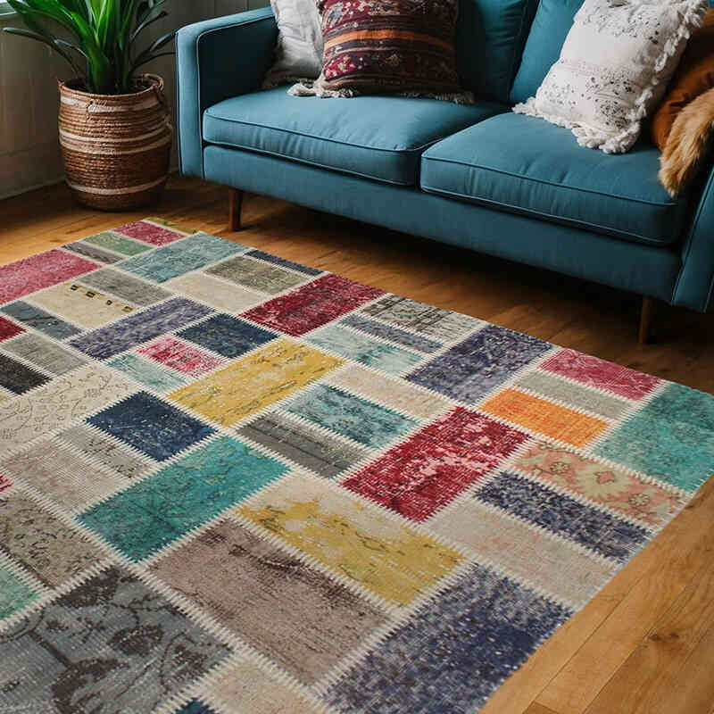 Patchwork Hand-Knotted Turkish Rug - 5' 1" x 6' 7" (61" x 79") - K0076576