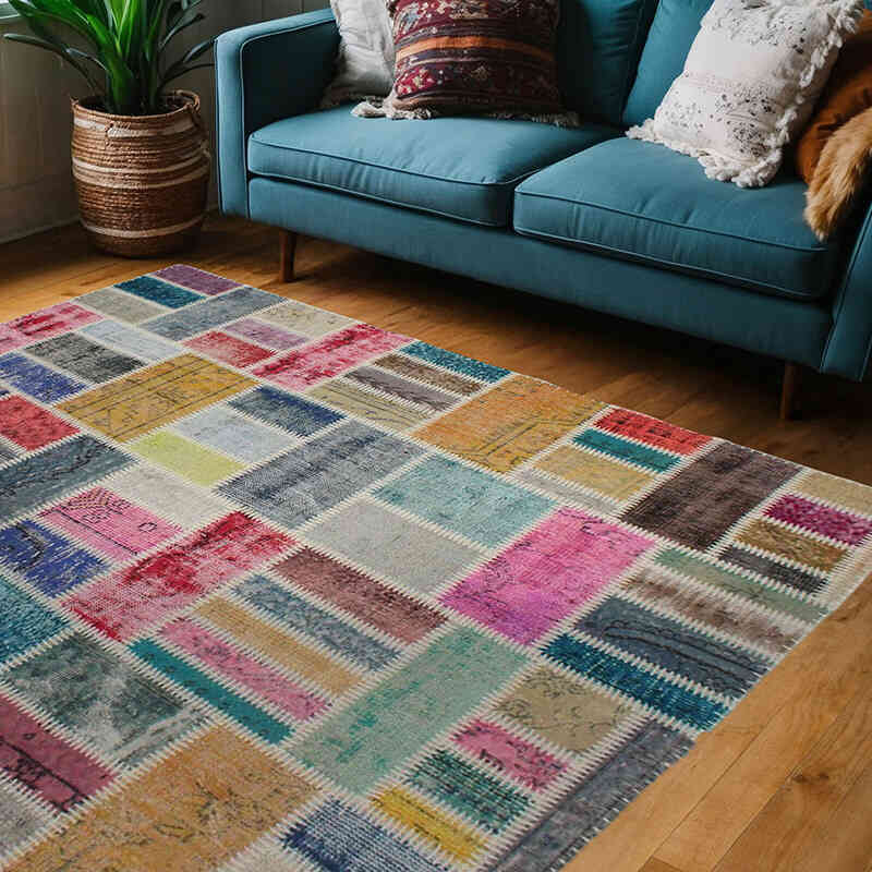 Patchwork Hand-Knotted Turkish Rug - 5' 1" x 6' 8" (61" x 80") - K0076577