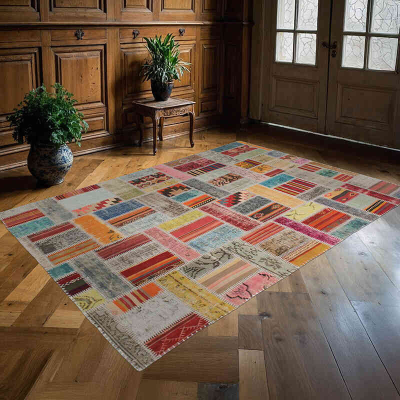 Patchwork Hand-Knotted Turkish Rug - 5' 7" x 8'  (67" x 96") - K0076584