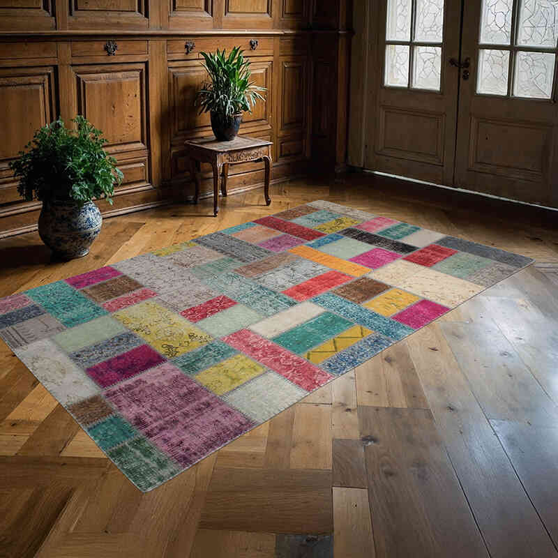 Patchwork Hand-Knotted Turkish Rug - 4' 11" x 8' 2" (59" x 98") - K0076585