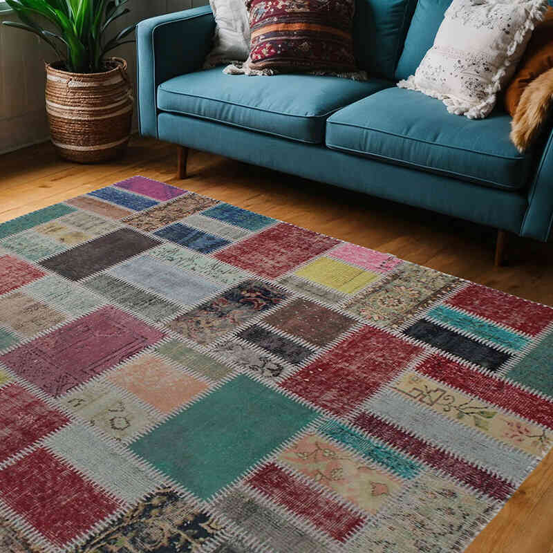 Patchwork Hand-Knotted Turkish Rug - 5' 1" x 6' 7" (61" x 79") - K0076586