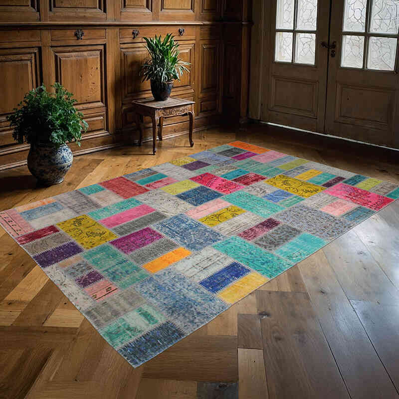 Patchwork Hand-Knotted Turkish Rug - 5' 5" x 8'  (65" x 96") - K0076597
