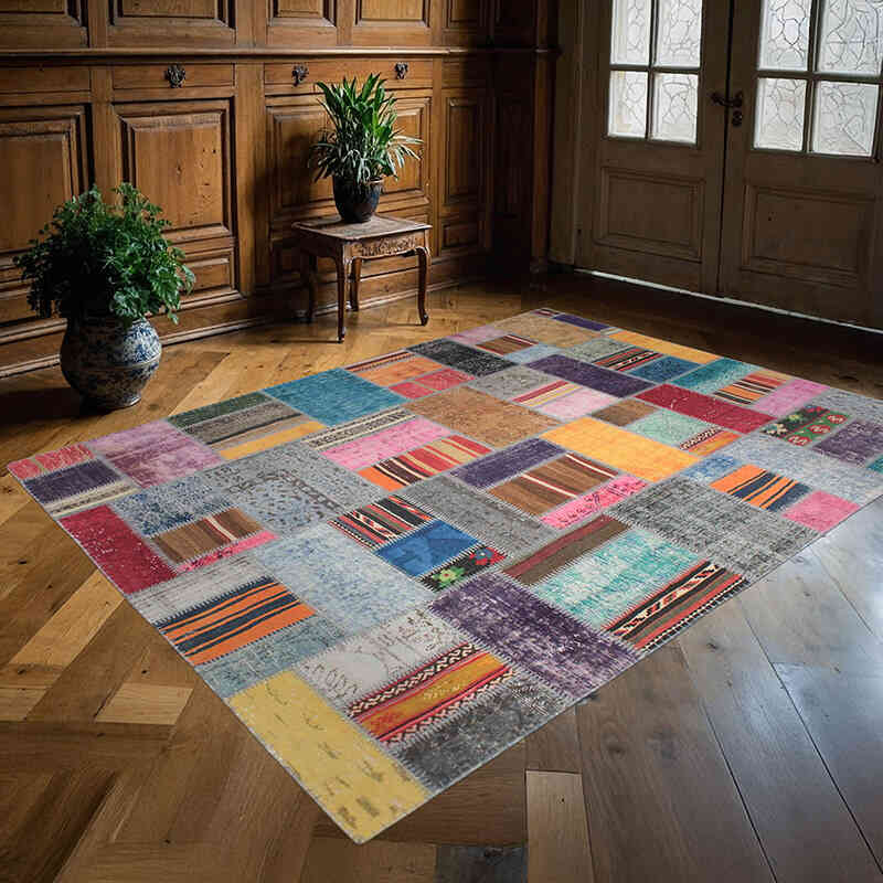 Patchwork Hand-Knotted Turkish Rug - 5' 11" x 7' 10" (71" x 94") - K0076599