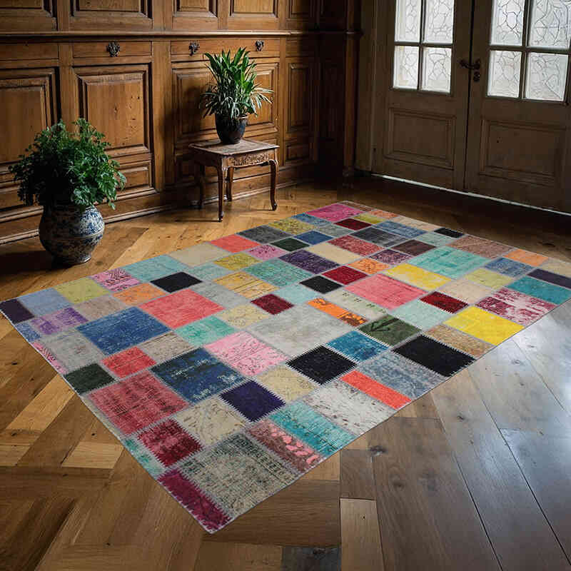 Patchwork Hand-Knotted Turkish Rug - 5' 7" x 7' 10" (67" x 94") - K0076601