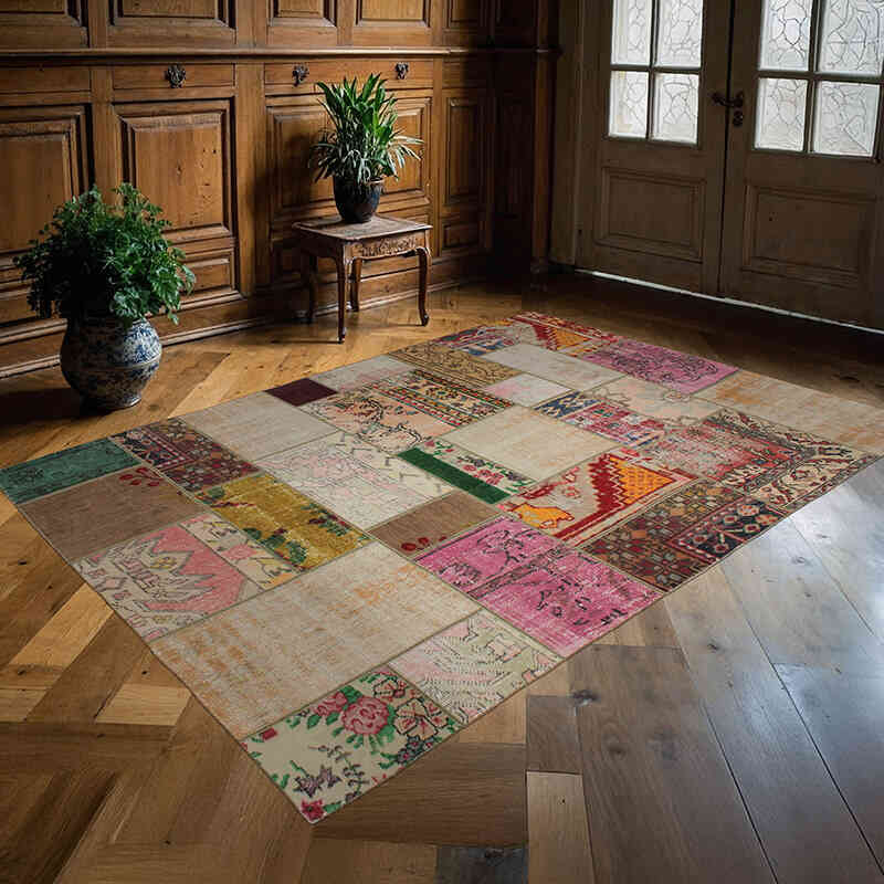Patchwork Hand-Knotted Turkish Rug - 5' 7" x 8' 1" (67" x 97") - K0076611