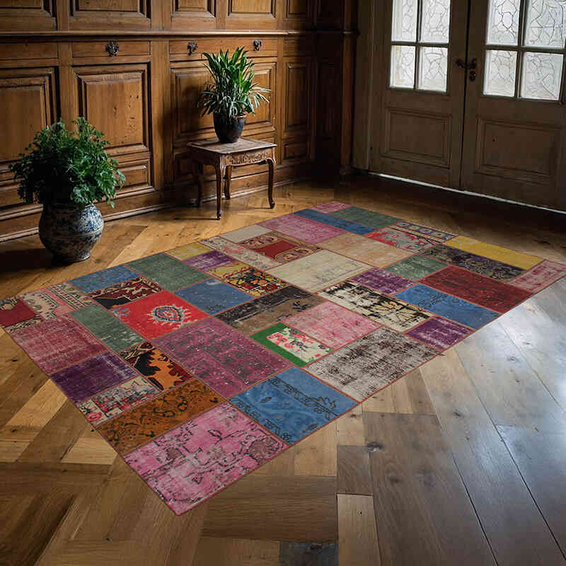 Patchwork Hand-Knotted Turkish Rug - 5' 8" x 8' 6" (68" x 102") - K0076613