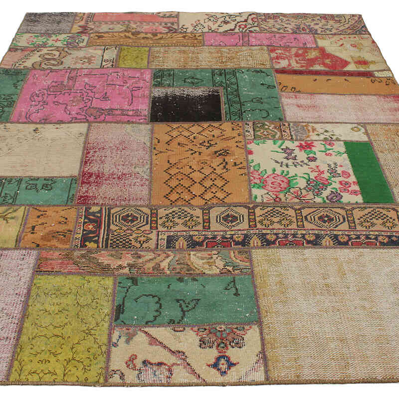 Patchwork Hand-Knotted Turkish Rug - 5' 7" x 7' 5" (67" x 89") - K0076616