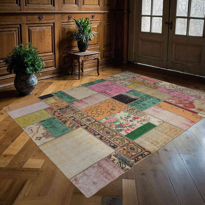 Patchwork Hand-Knotted Turkish Rug - 5' 7" x 7' 5" (67" x 89") - K0076616