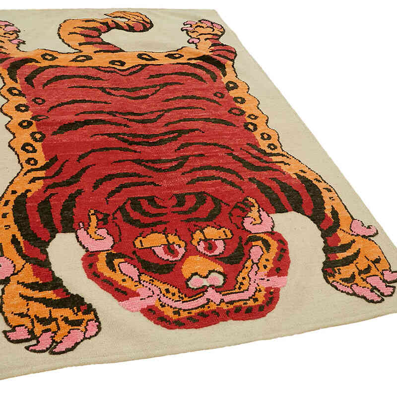 Alfombra Nueva de Nudo a Mano con Diseño de Tigre - 142 cm x 227 cm - K0079196