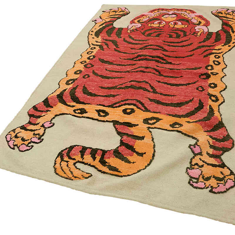 Alfombra Nueva de Nudo a Mano con Diseño de Tigre - 142 cm x 227 cm - K0079196