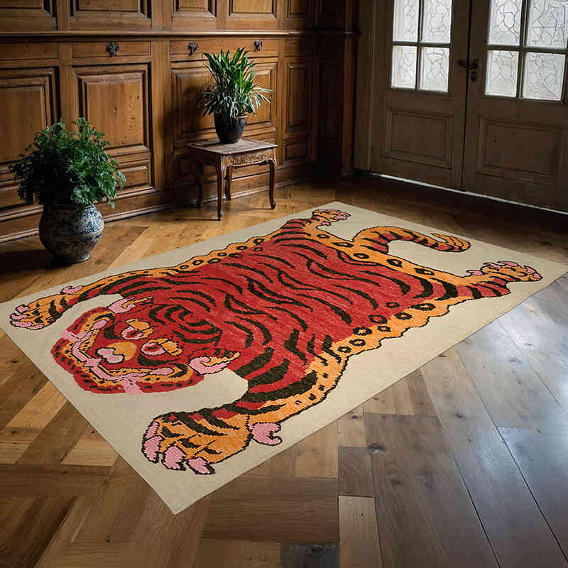 Alfombra Nueva de Nudo a Mano con Diseño de Tigre - 142 cm x 227 cm - K0079196