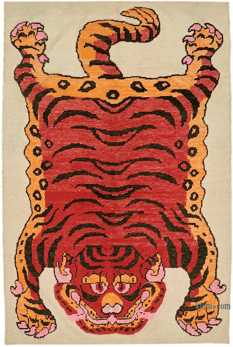 Alfombra Nueva de Nudo a Mano con Diseño de Tigre - 142 cm x 227 cm - K0079196