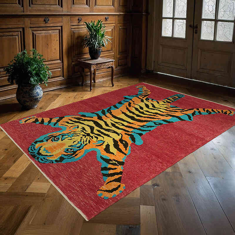 New Hand-Knotted Tiger Rug - 5' 6" x 7' 4" (66" x 88") - K0079199